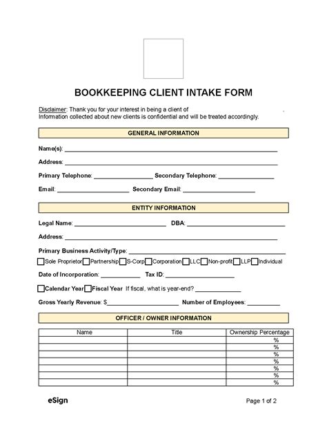 Printable New Bookkeeping Client Intake Form